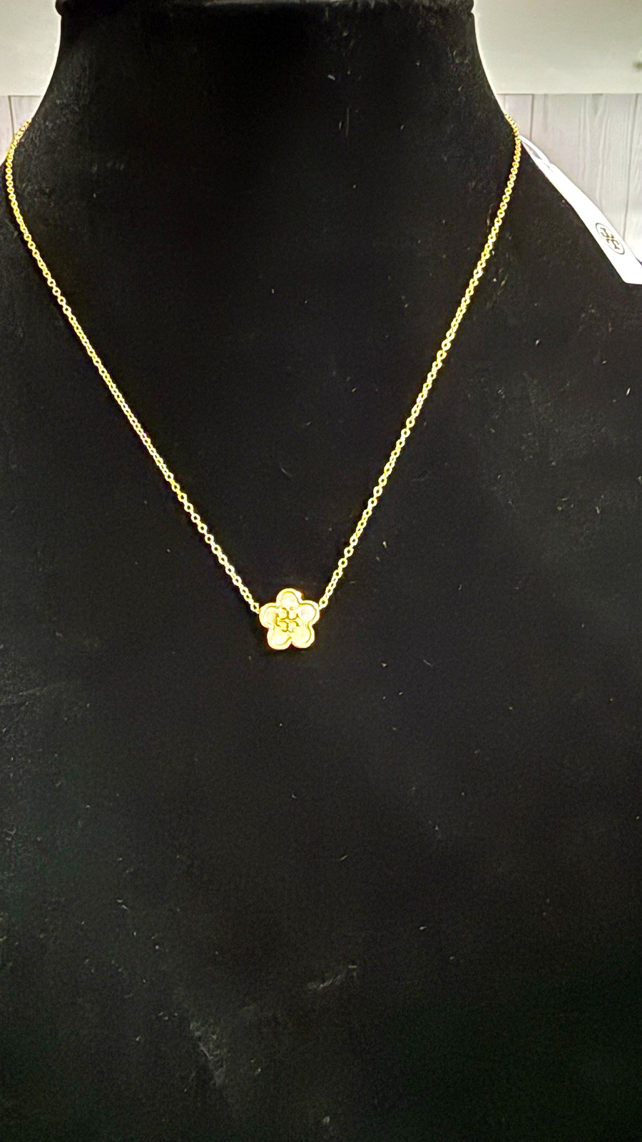 Tory Burch Gold Tone Flower Charm Pendant Necklace, Cable Chain, Spring Ring