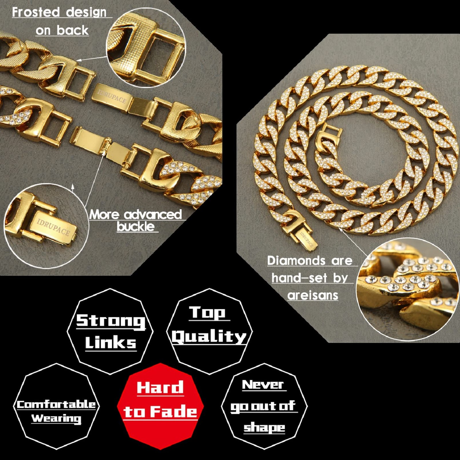 DRUPACE Miami Mens Women Boys Cuban Link Chain Silver Gold Plated Bling Neckl…