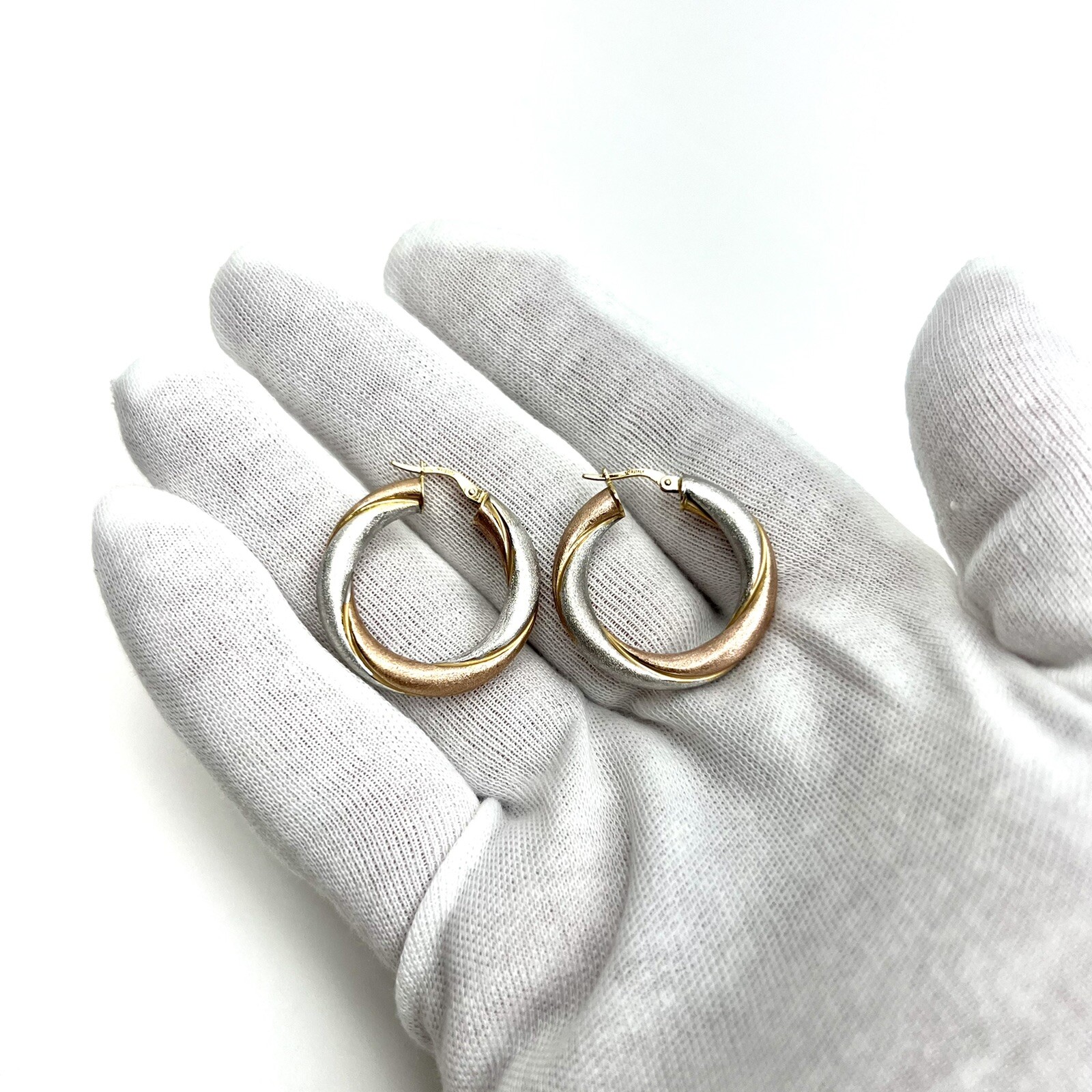 Satin Brushed Texture Hollow 14k Gold Italy Tri Color Hoop Earrings 4.82 Grams