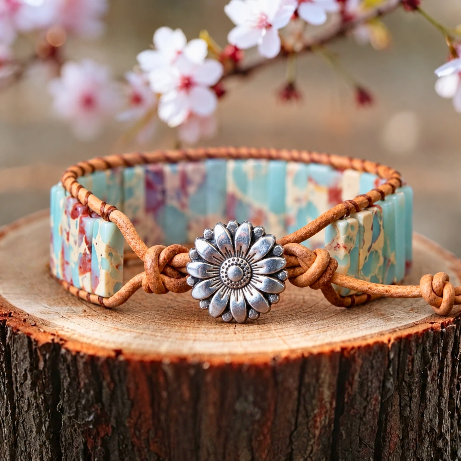 Natural Sea Sediment Jasper Bracelet Leather Wrap Boho Gemstone Flower Cuff