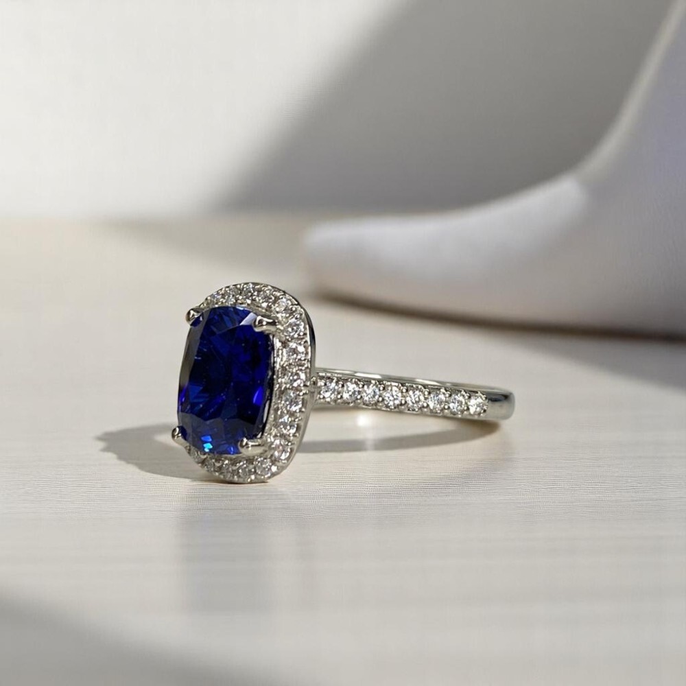 Wedding 950 Platinum Ring 3.70 Ct Lab Created Diamond Cushion Cut Blue Sapphire
