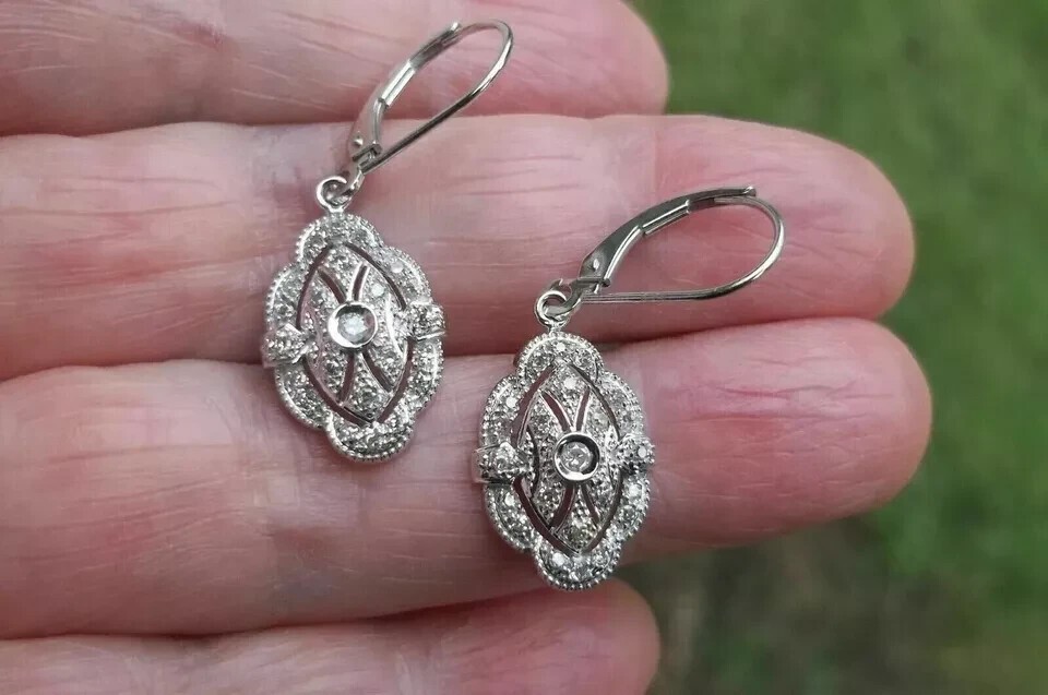 Art Deco 2Ct Round Cut Simulated Diamond Dangle Earrings 14k White Gold Plated