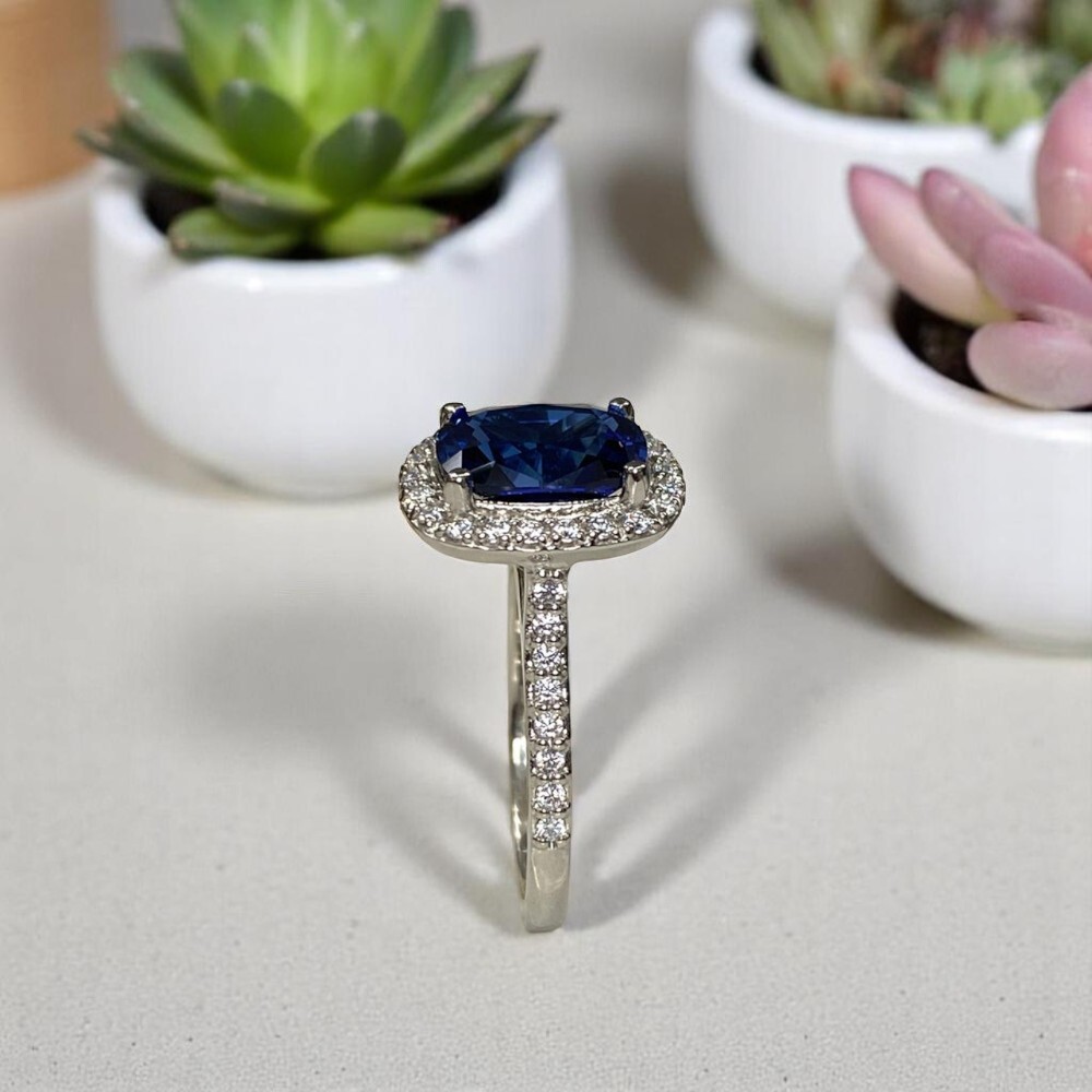 Wedding 950 Platinum Ring 3.70 Ct Lab Created Diamond Cushion Cut Blue Sapphire
