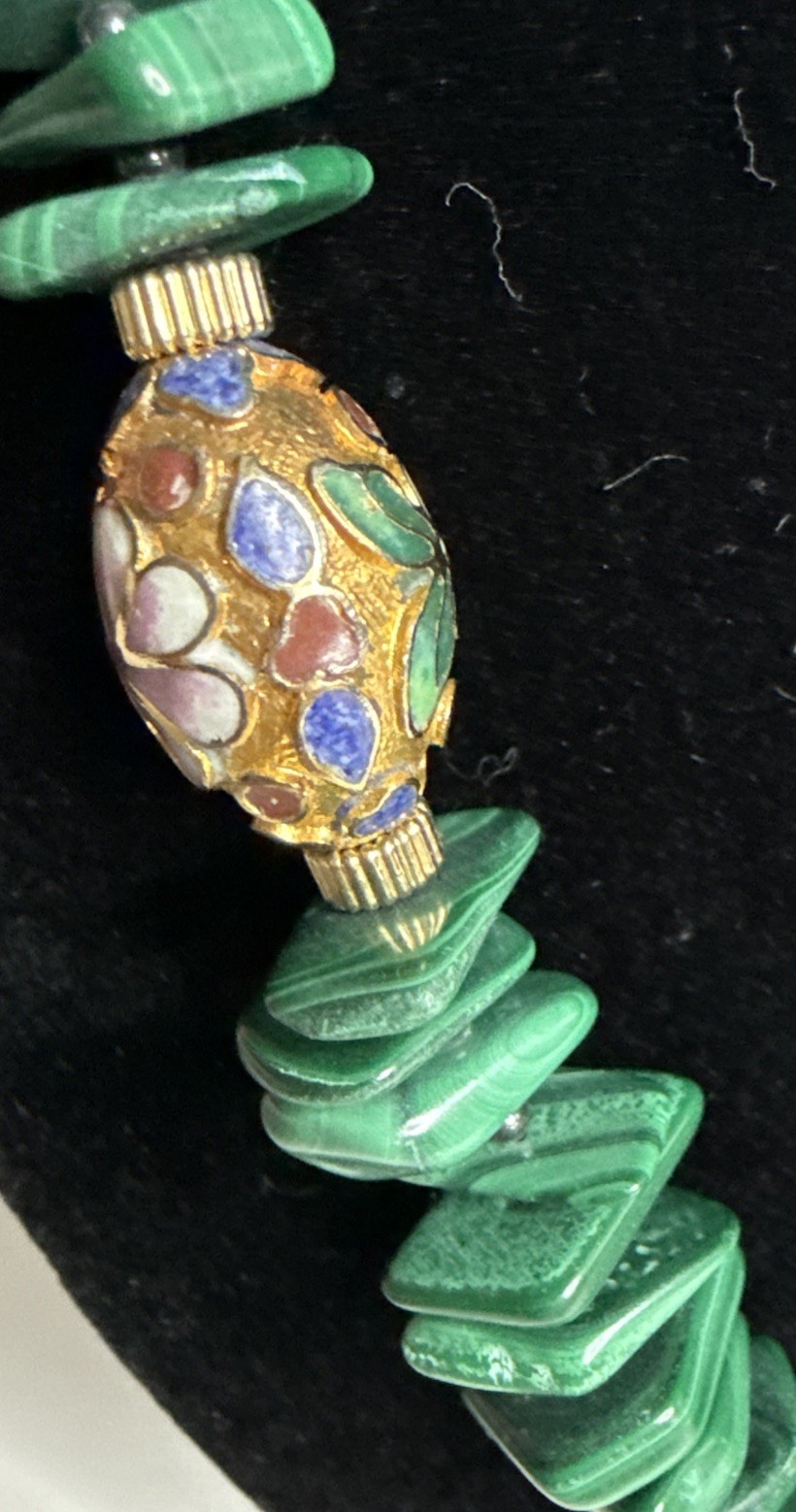 Vtg Malachite Necklace 1/20 14k GF Clasp With Cloisonné Beads, 30”