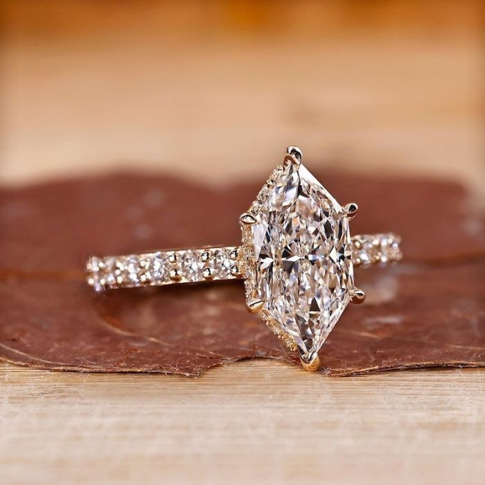 Dutch Marquise Cut Moissanite Hidden Halo 14K Gold Plated Engagement Ring