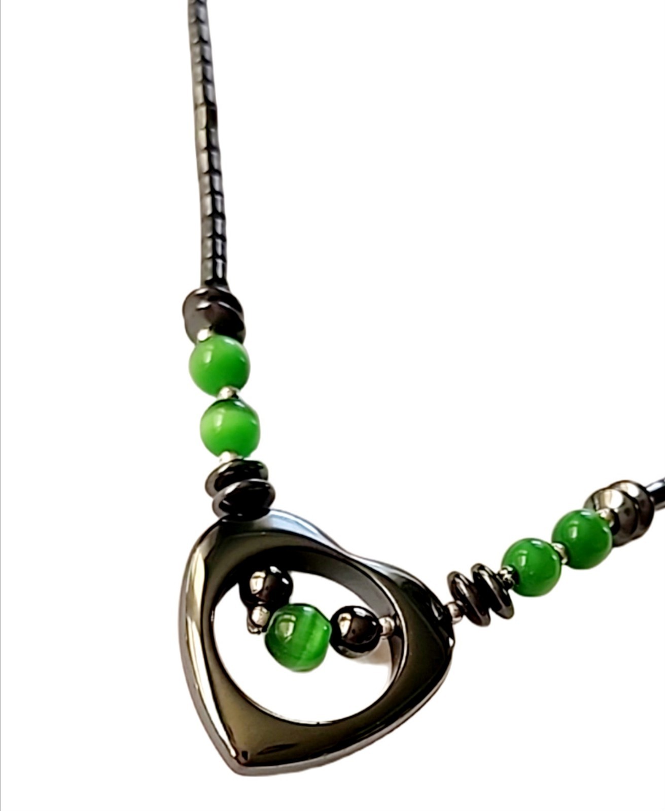 Handmade Hematite and Green Glass Pendant Heart Necklace Lenghth 18″