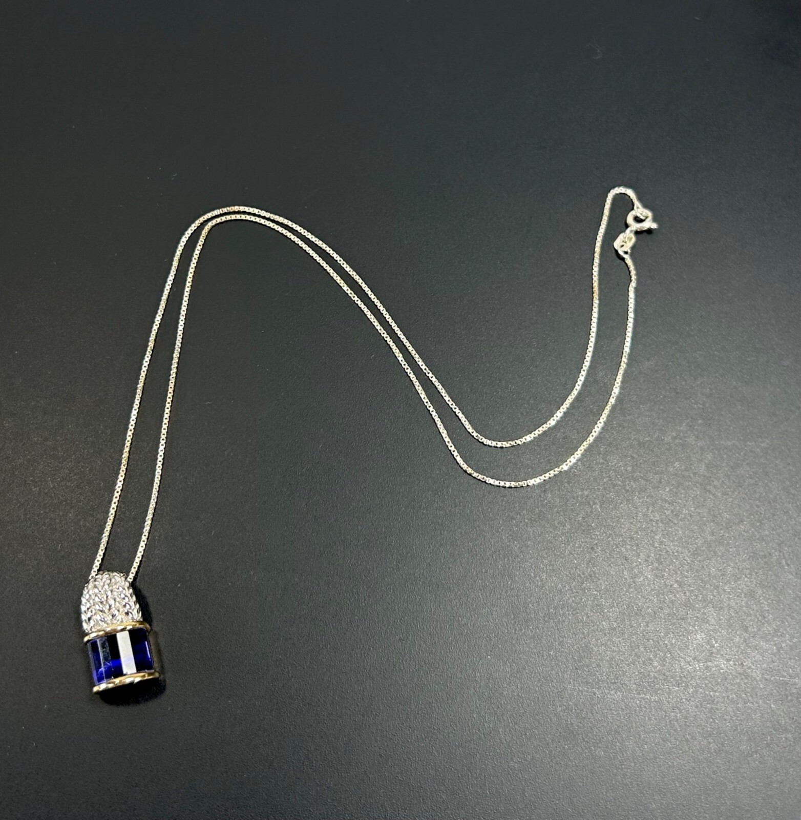 925 Sterling Silver Gold Tone Necklace Faceted Cobalt Blue Glass Pendant ITALY