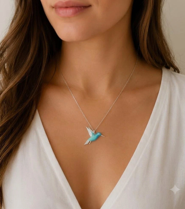 Hummingbird Pendant Necklace, Sterling Silver Chain, Turquoise Blue Enamel