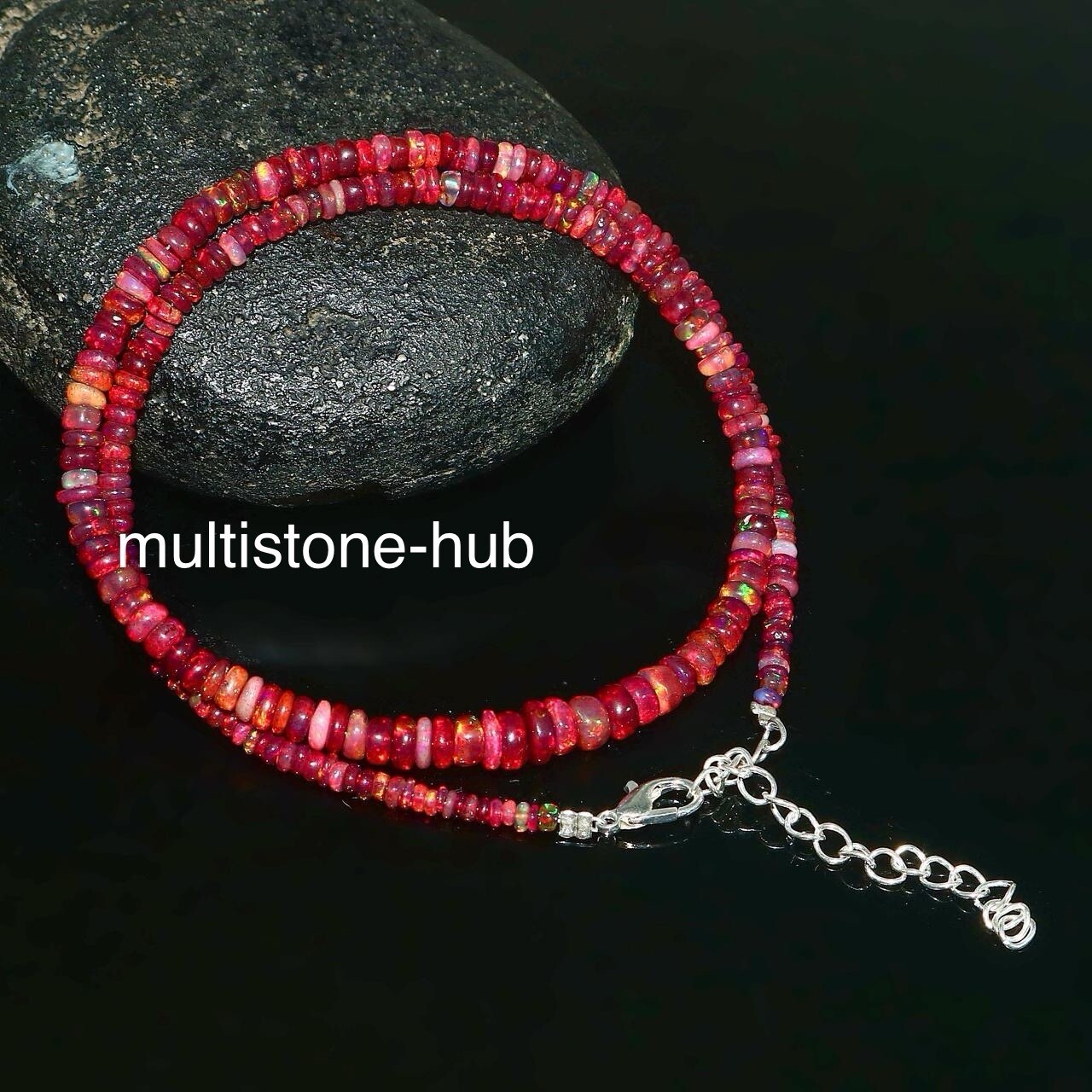 Natural Ethiopian Welo Fire Red Opal Rondelle Beaded Gemstone Necklace 16 Inch
