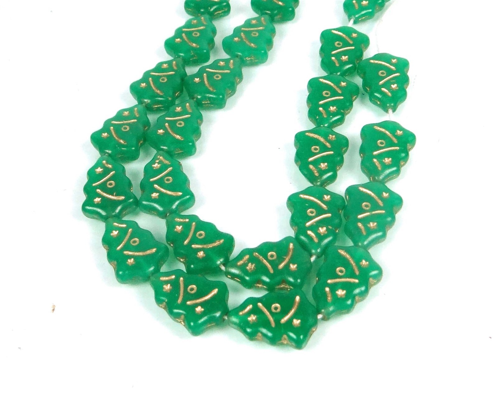 12 Czech Glass Christmas Trees Beads : Opaque Green – Gold Inlay 17x12mm