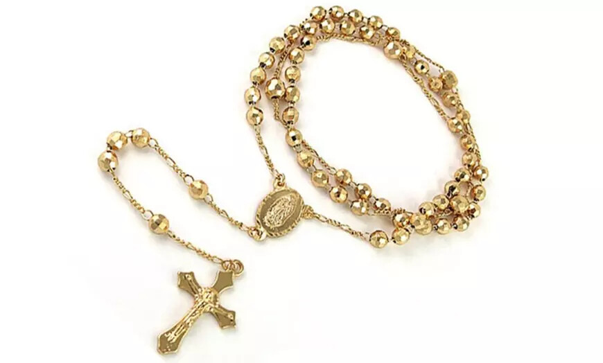 18K Gold Plated 24″ Diamond Cut Rosary Jesus Cross Charm Necklace