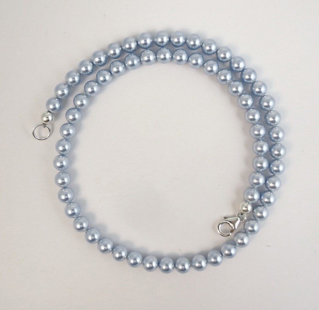 6mm Blue Pearl Necklace W/ Swarovski Crystal Elements, 14,16,18,20,22,24,30 inch