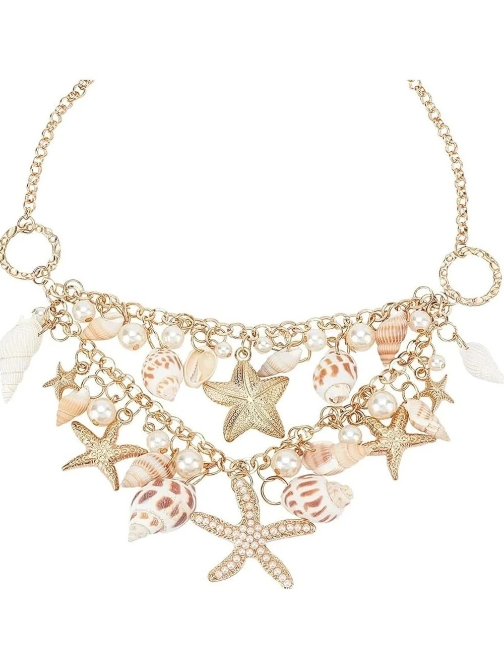 Gold Tone Shell & Pearl Starfish Charm Statement Necklace, Adjustable