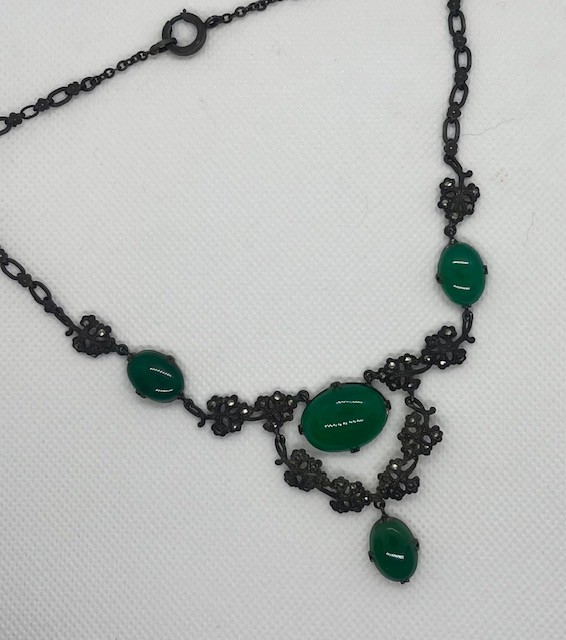 Art Deco Sterling Chrysoprase and Marcasite Necklace