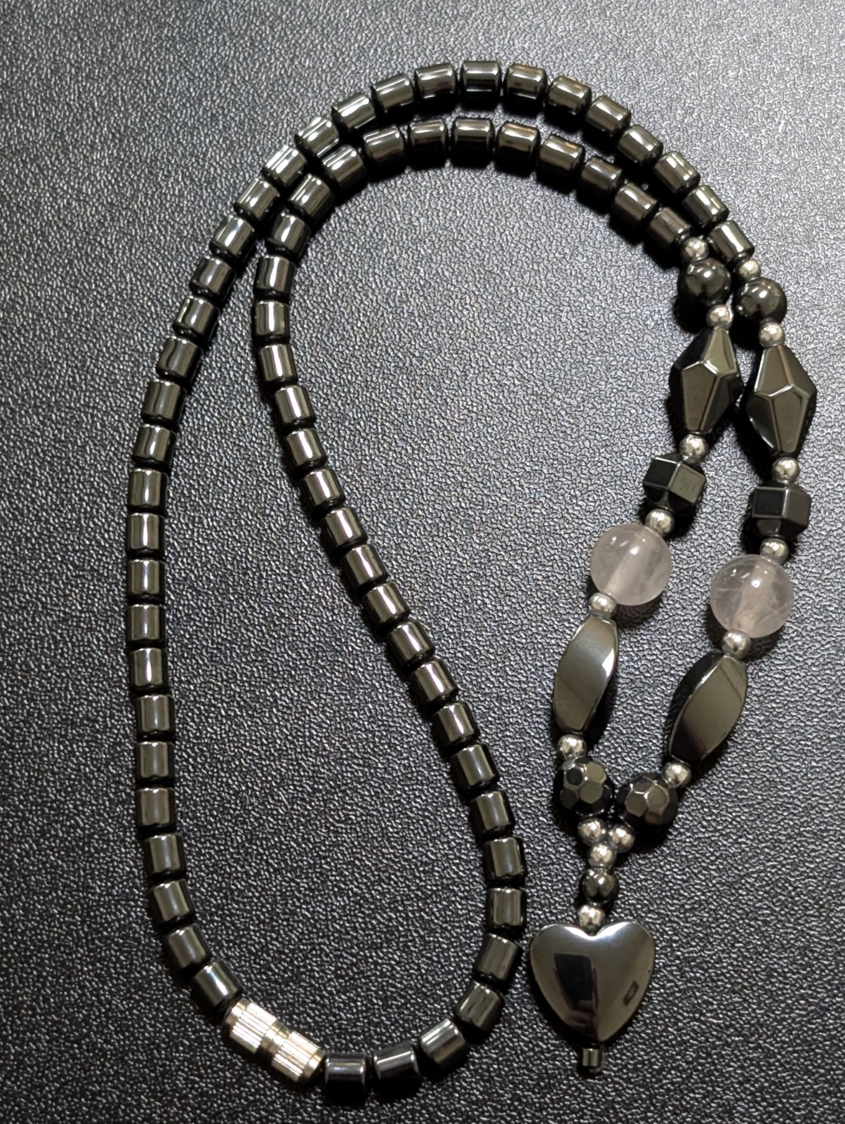 Hematite & Clear Quartz Heart Pendant Y Necklace + Bonus Cat’s Eye Bracelet Lot