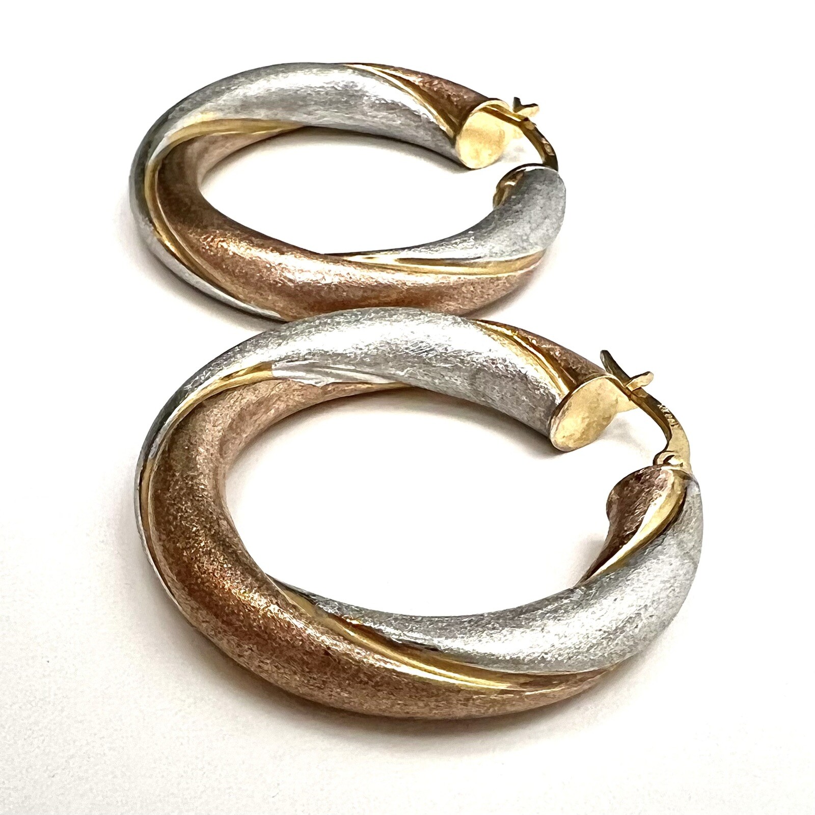 Satin Brushed Texture Hollow 14k Gold Italy Tri Color Hoop Earrings 4.82 Grams