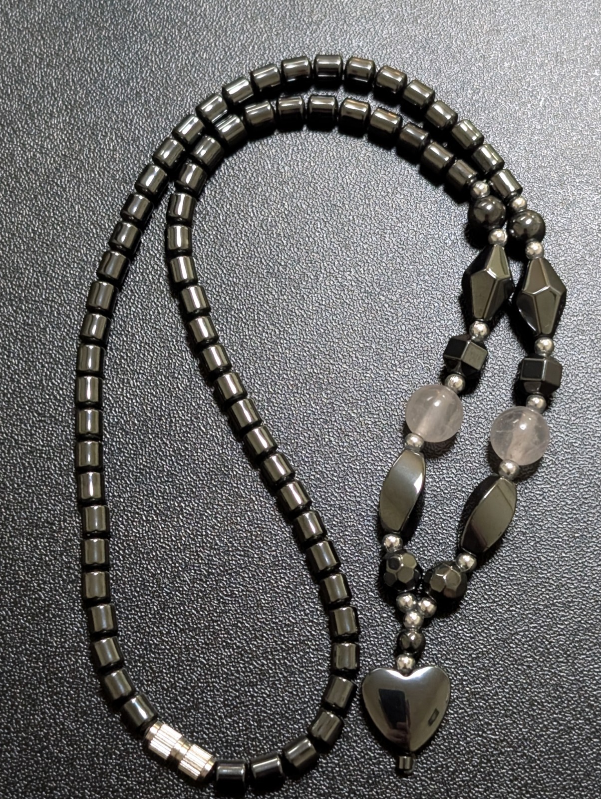 Hematite & Clear Quartz Heart Pendant Y Necklace + Bonus Cat’s Eye Bracelet Lot