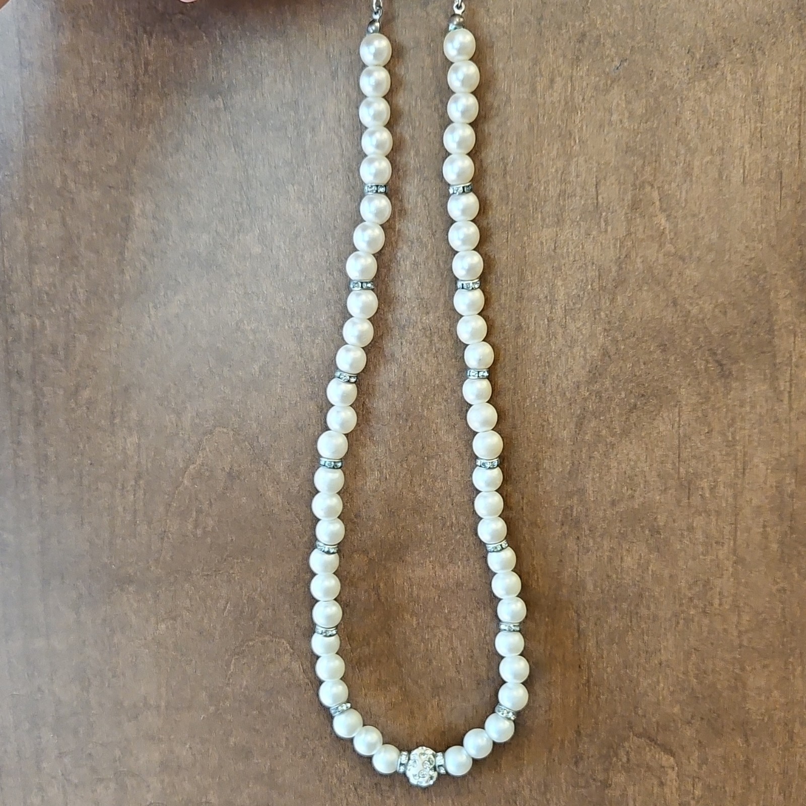 White Imitation Pearl Beaded Necklace w/ Crystal Rhinestone Ball, Lobster Clasp