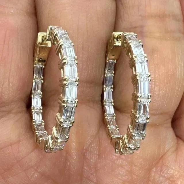 2Ct Baguette Cut Lab Created Diamond Huggie Hoop Earrings 14K Yellow Gold Plated