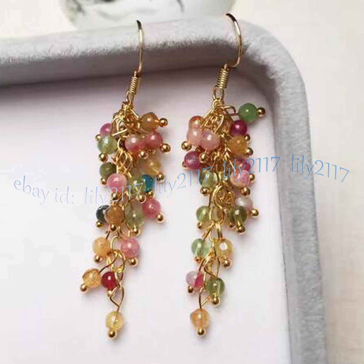 4mm Natural Multicolor Tourmaline Round Gemstone Beads Cluster Dangle Earrings