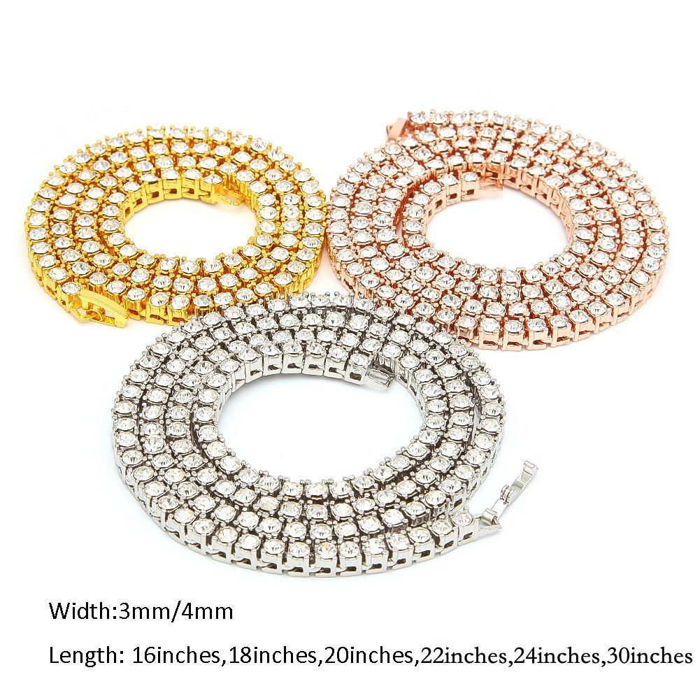 16″-24″ Mens Full Zircon TopBling Tennis Chain Gold Necklaces Hip Hop Jewelry