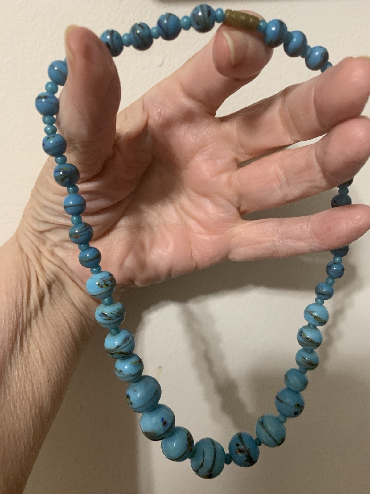 VintageBlue Czech Bohemian Molded Art Glass Bead Necklace & Barrel Closures.16”