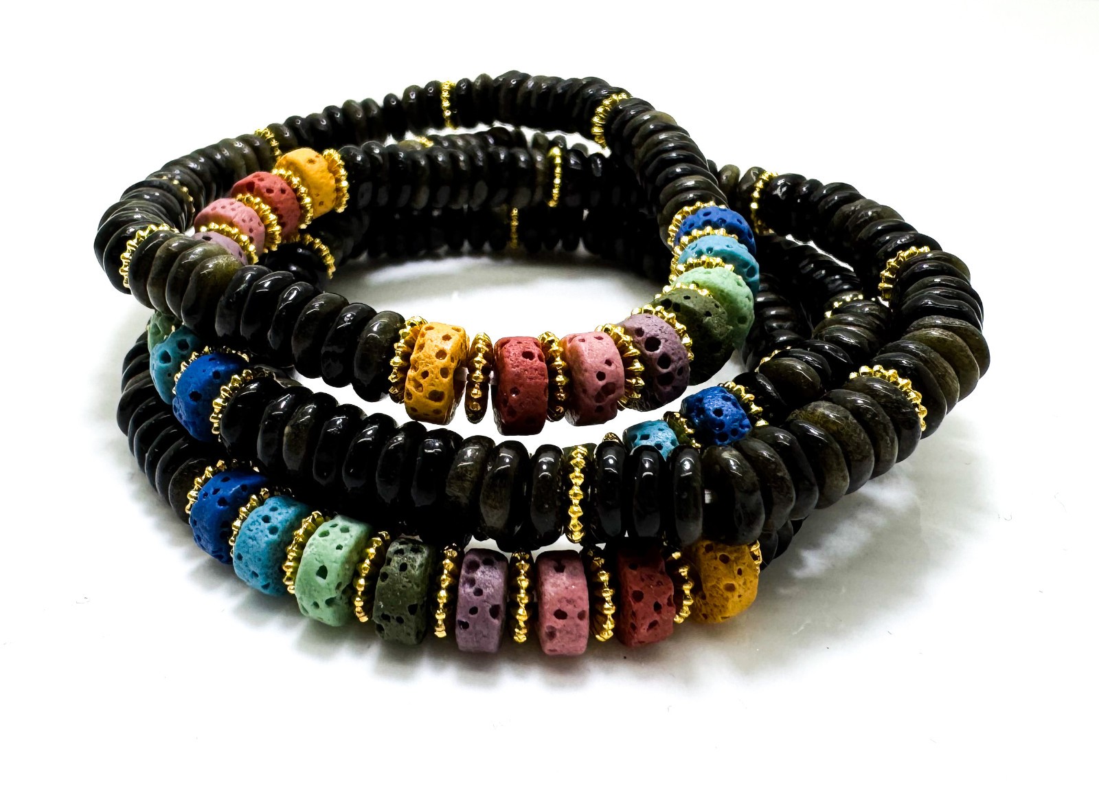 6.5″ Dark Green Jade & Chakra Lava Rock Bracelet – Handmade Elastic Cord, 6mm