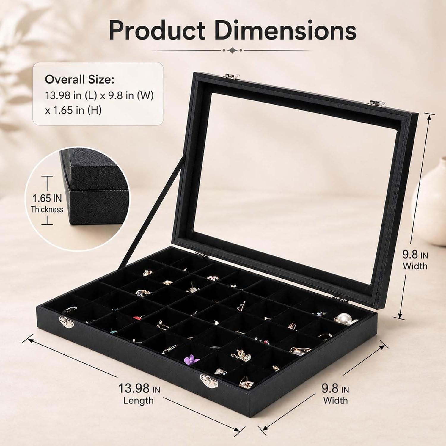 Black Velvet 40 Grid Earring Organizer Display Box with Transparent Lid Earring
