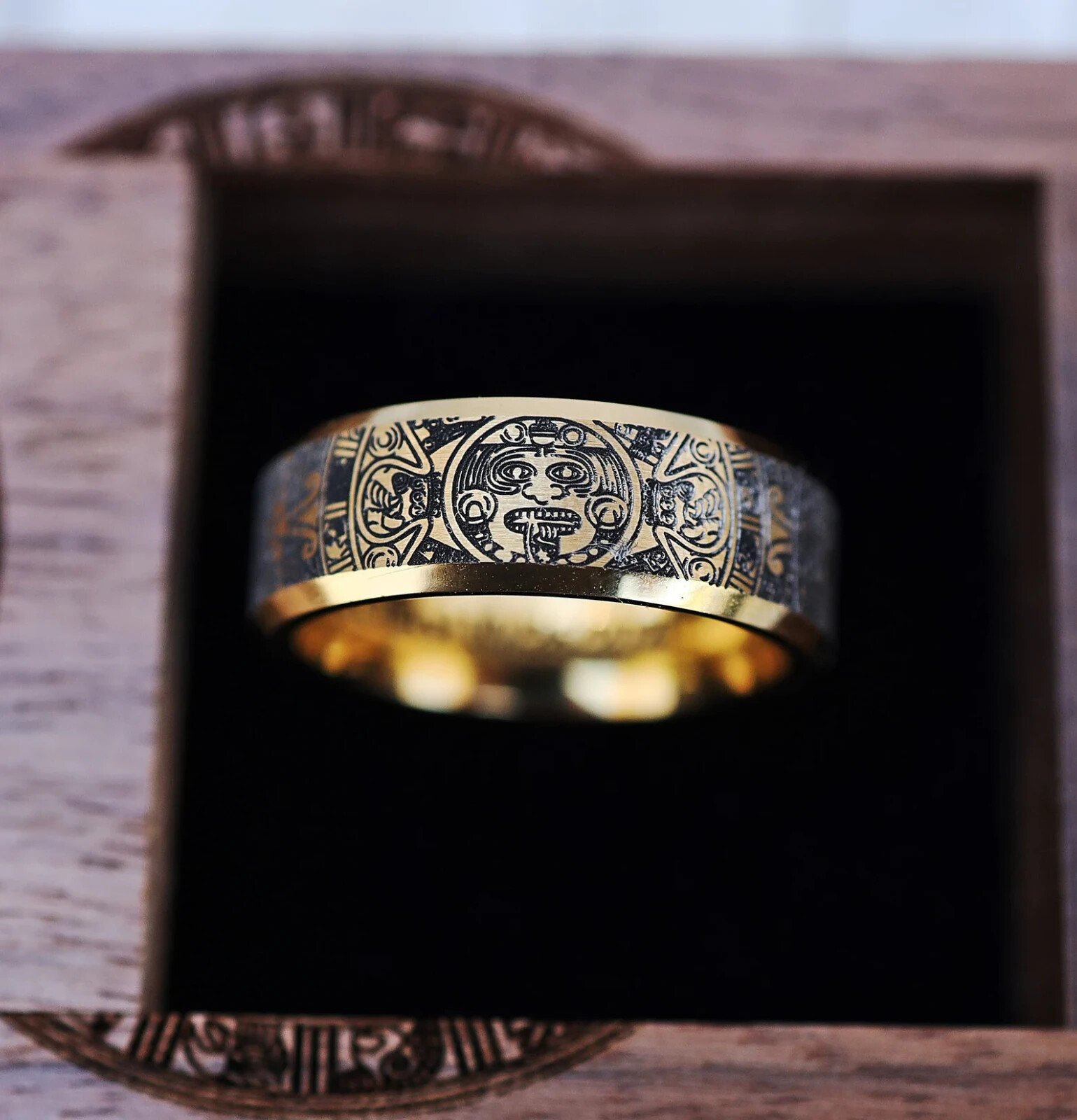 Engraved Walnut Wood Aztec Culture Calendar Rectangular Ring with Ring Box – 8mm