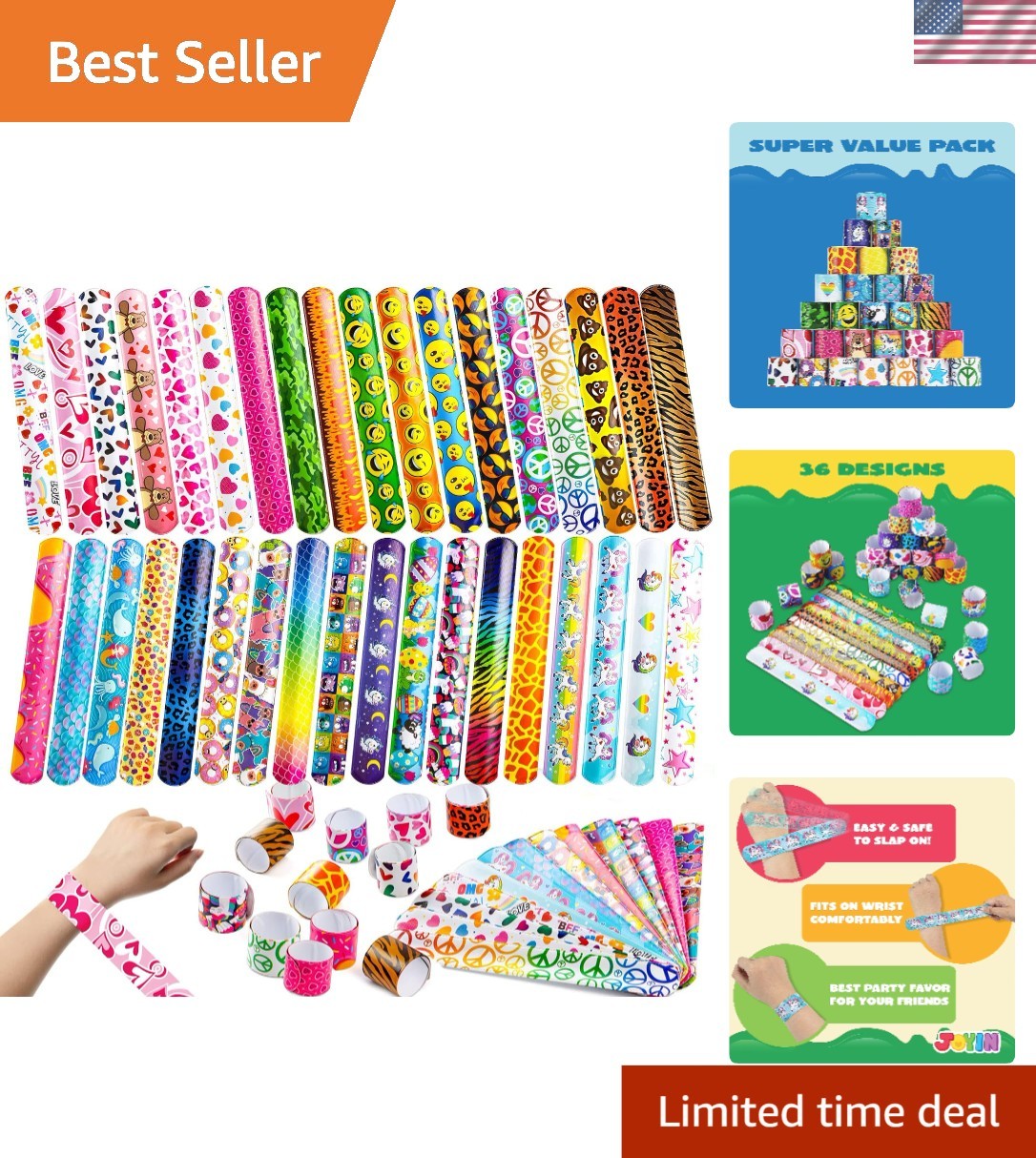 60 Pcs Slap Bracelets for Kids, Bulk Wristbands with Animals, Friendship, Hea…