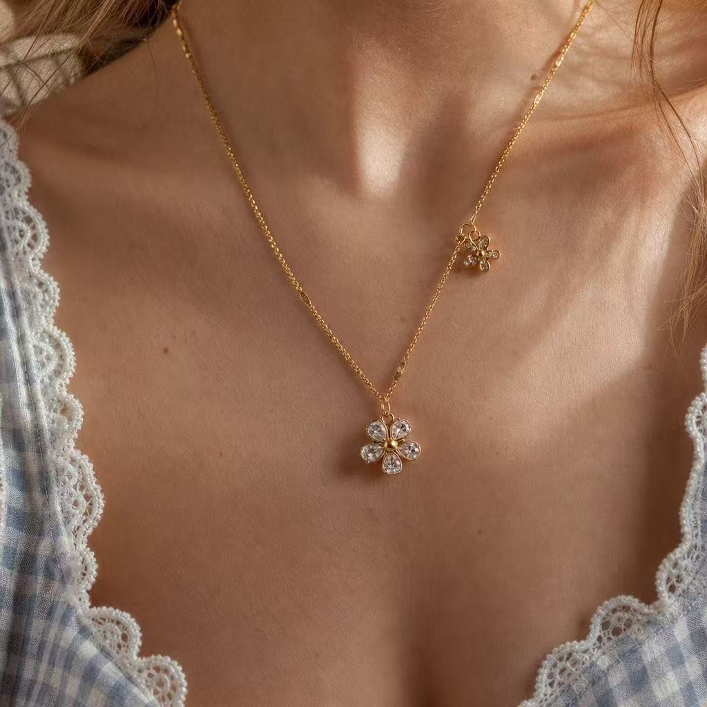 Fashion Woman Gold Plated Cute CZ Sakura Necklace Chain Anti-tarnish