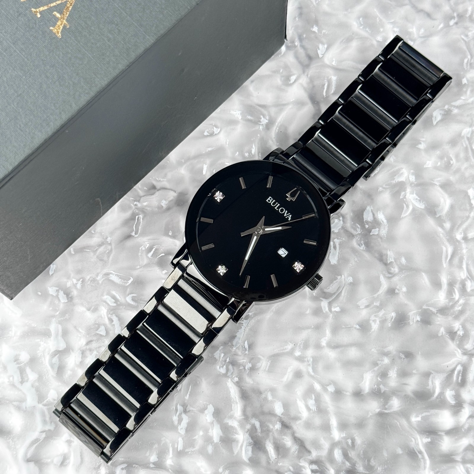 Bulova Modern Futuro Men’s Quartz Calendar Black Stainless Steel Watch 98D144