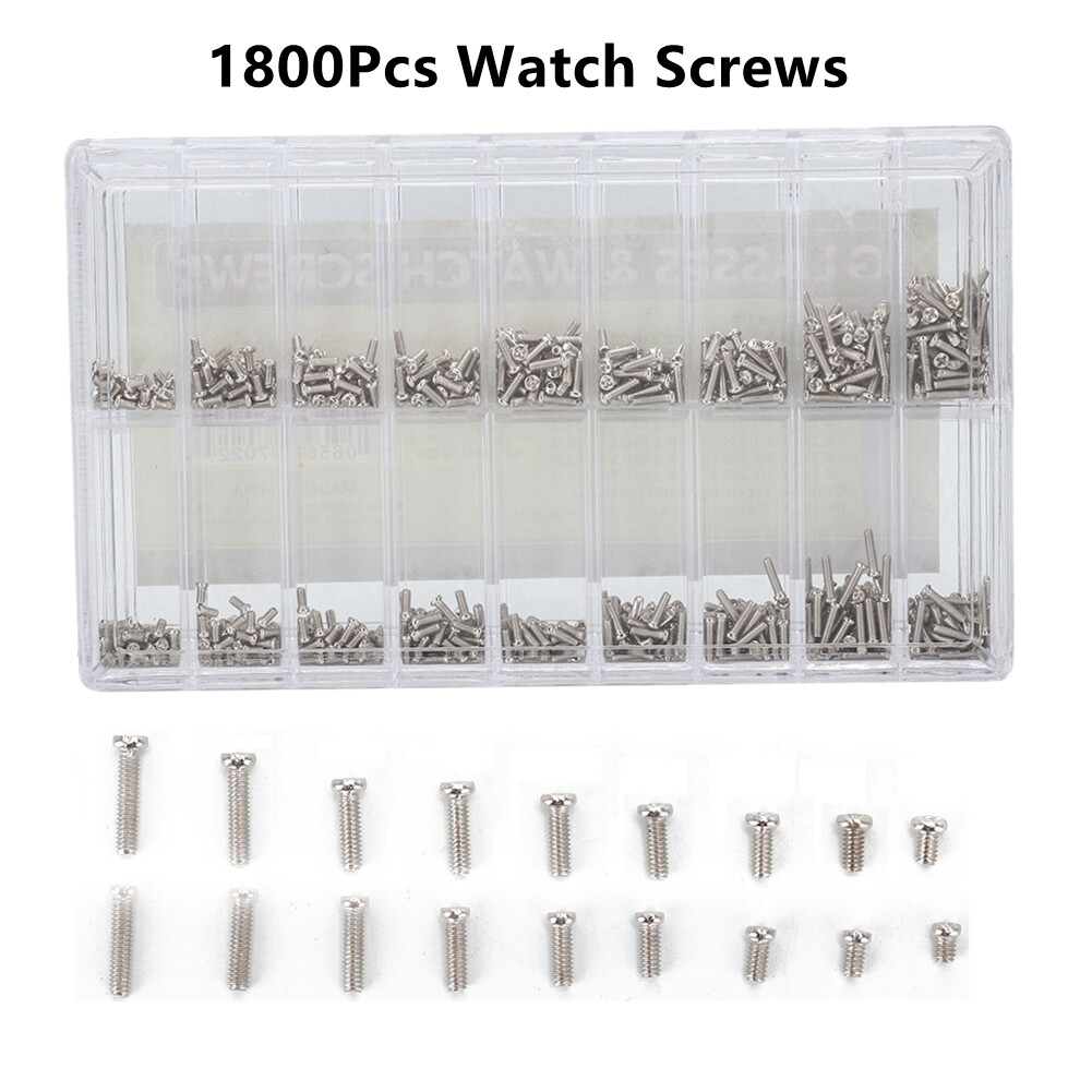 1800Pcs/Box Stainless Steel Watch Back Case Glass Screw Assortment With 18 Sizes
