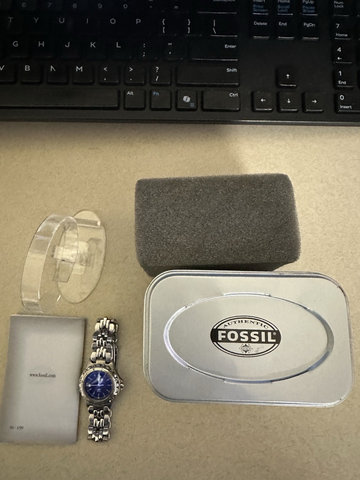 USED Fossil Blue AM-3099 Ladies Watch – Blue Dial, Stainless Steel, Box & Manual