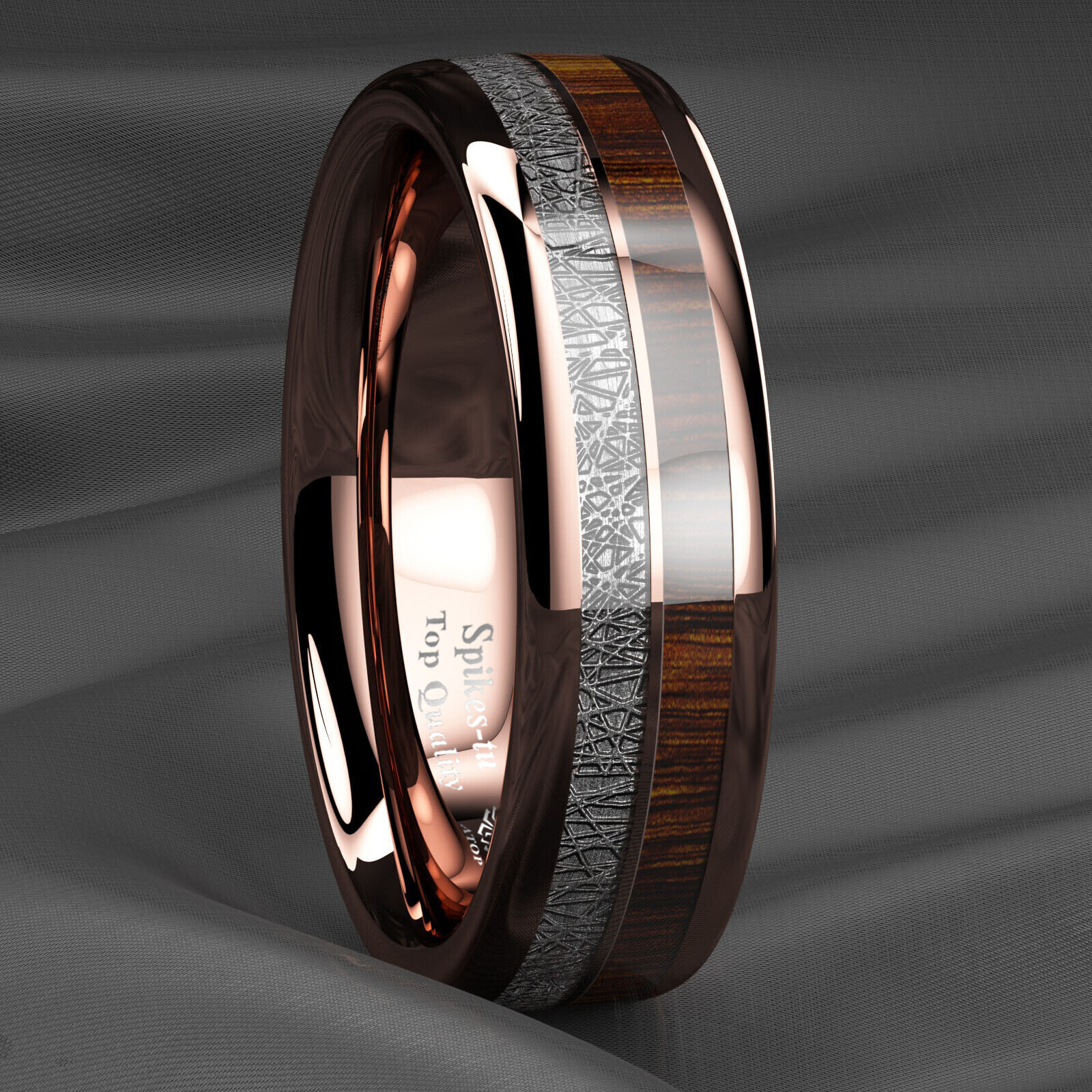 8/6mm Rose Gold Plated Metal Tungsten Ring Koa Wood Inlay ATOP Men Jewelry