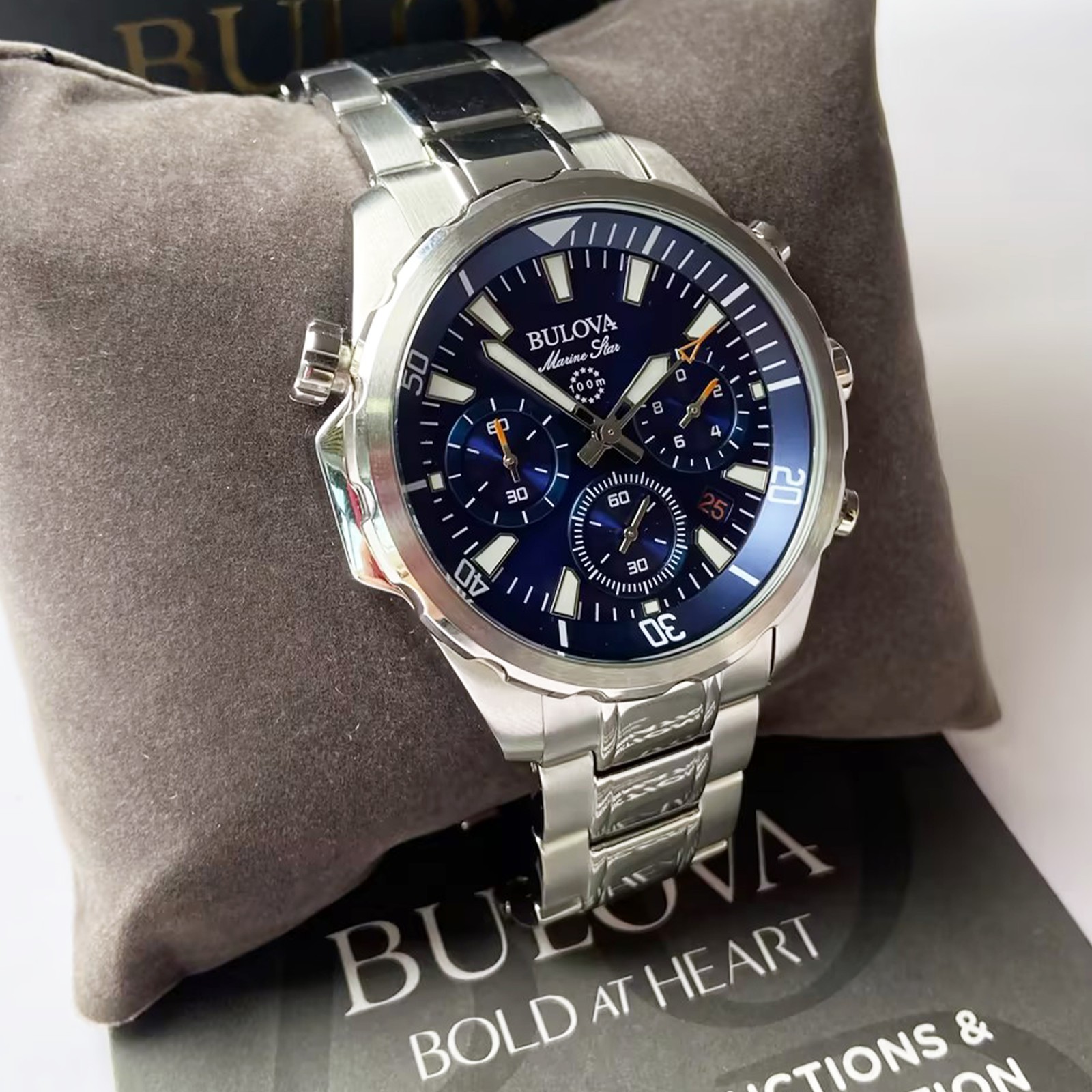 Bulova Marine Star Men Blue Dial Silver Steel Chronograph 96B256 Watch 43mm