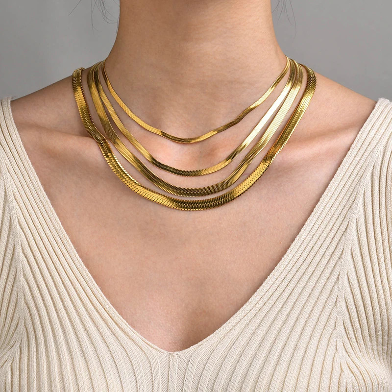 Stainless Steel Snake Chain Choker Necklace Gold Silver Herringbone Unisex