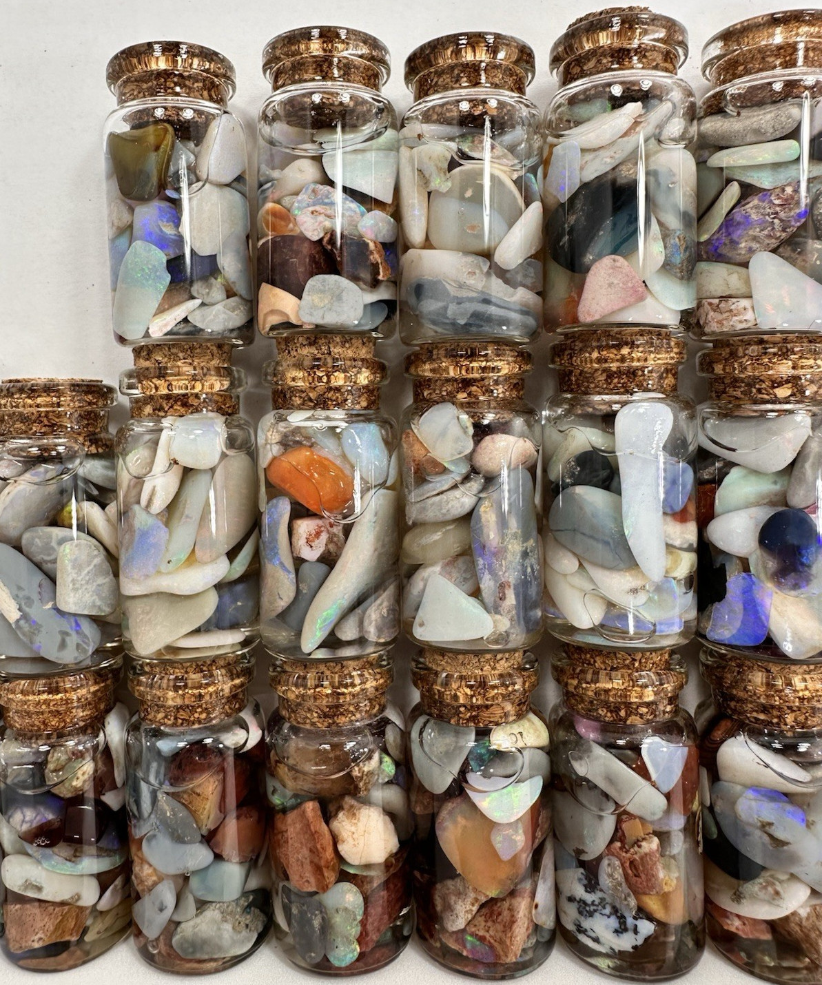 40 ct Premium Australian Coober Pedy Rough/Rubs Opals in Glass Bottles