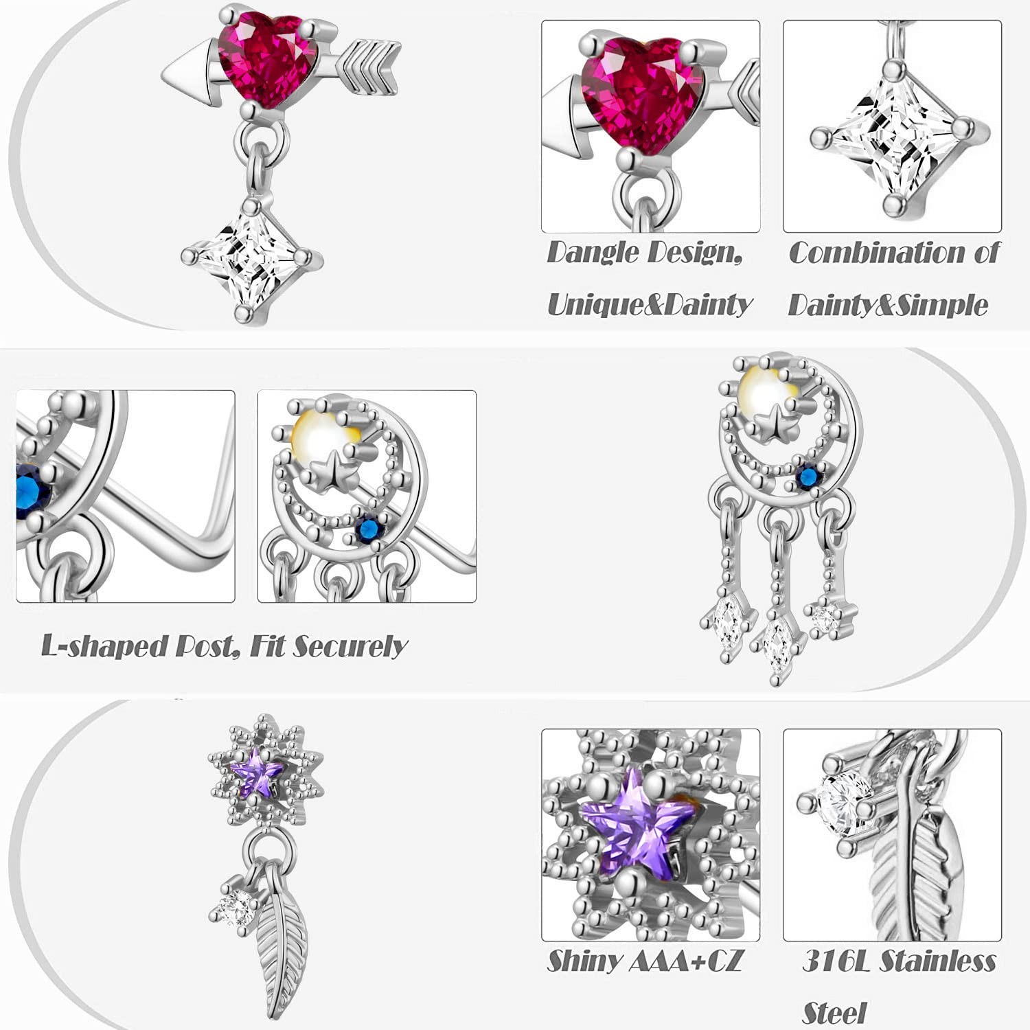 18Pcs 18G Nose Rings L Shape Nose Ring Stud for WomenButterfly Nose Ring Hea…