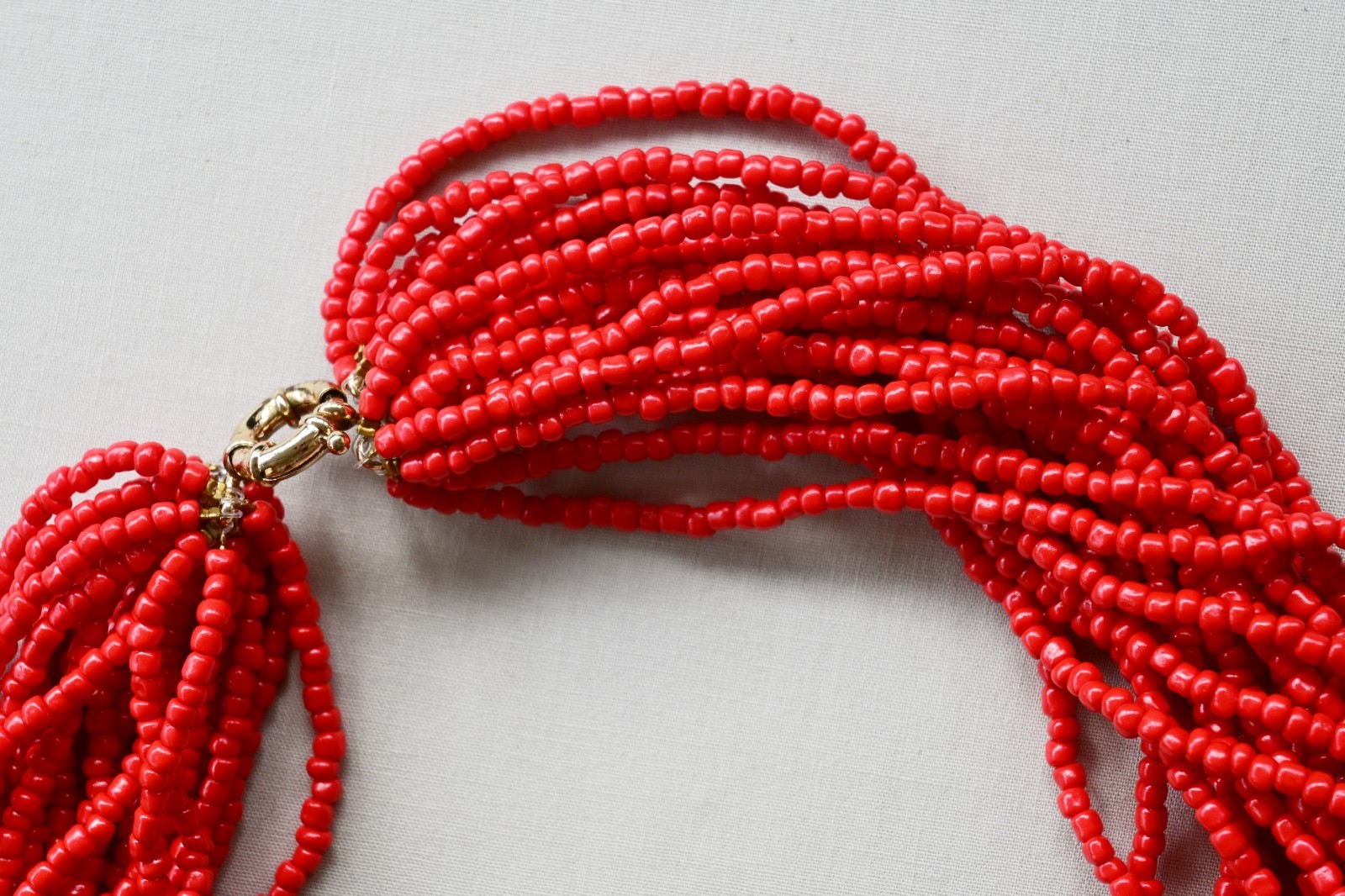 Bright Crimson Red Glass Seed Bead Twenty Tier Beaded Statement Necklace