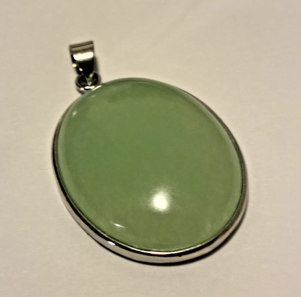 Large Light Green Oval Jade Pendant, Simple, Elegant, 30×23 mm, White Gold Tone