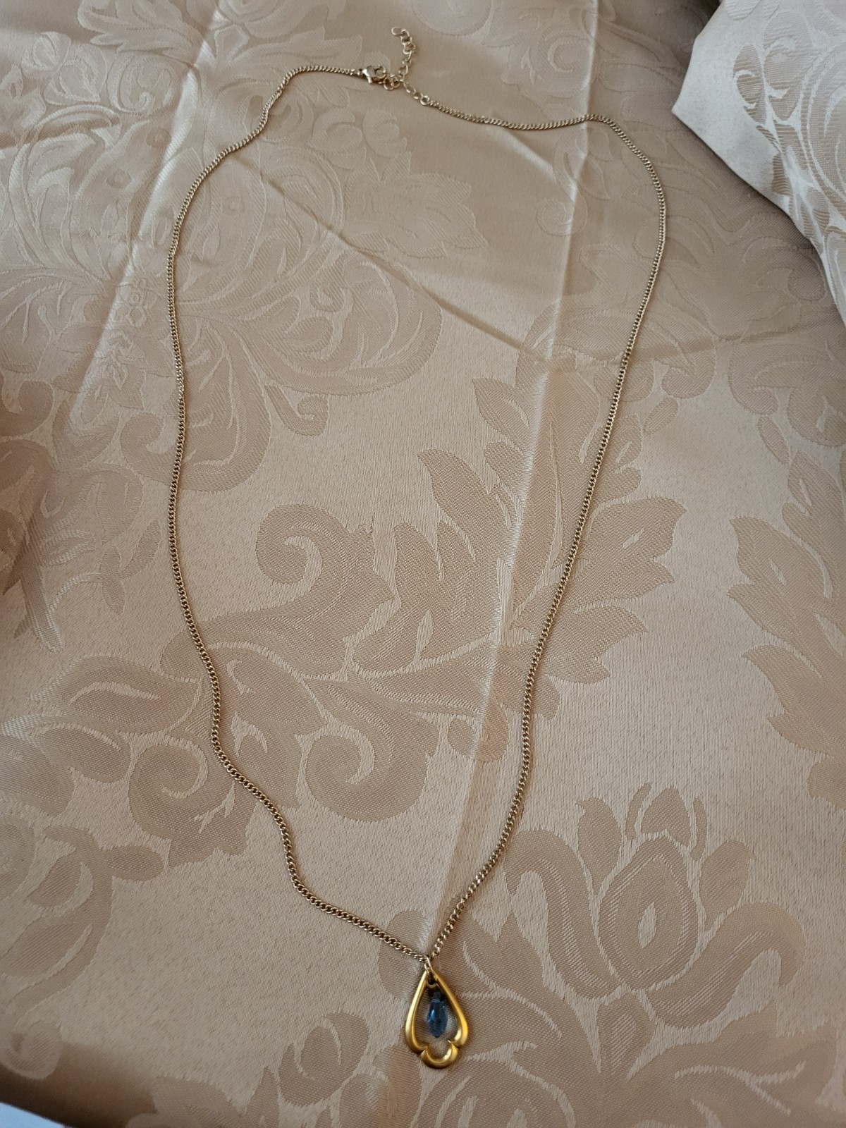 Gold Framed Blue Stone Pendant, 24 Inch Goldtone Chain