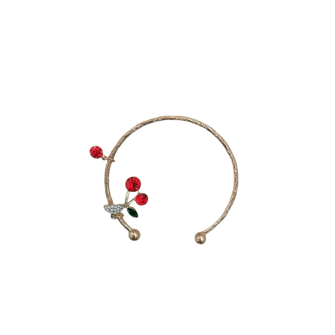 Gold Tone Cherry Charm Open Cuff Bracelet Red Beads Fashion Jewelry