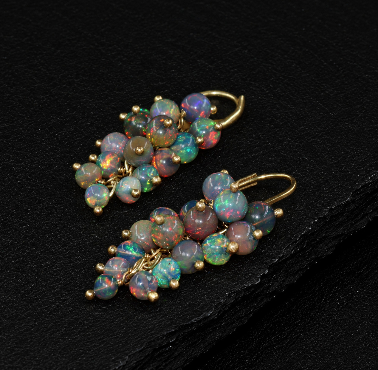 Genuine Black Ethiopian Opal Dangle Cluster Earrings 18k Gold Filled 925 Silver