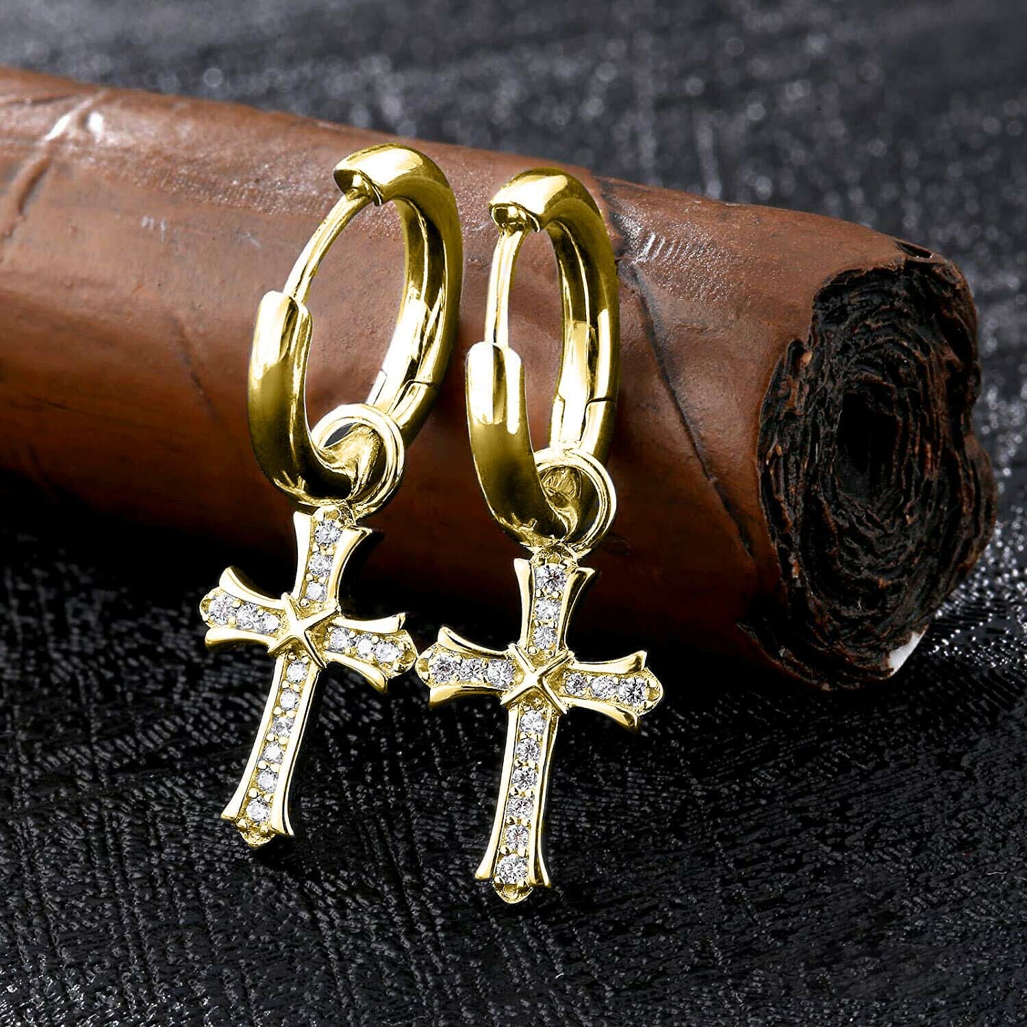 Men & Women 18K Gold Plated CZ Cross Leverback Huggie Hoop Drop Small Earrings