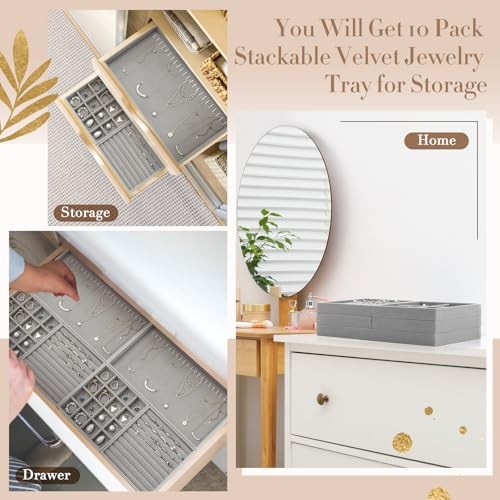 Cinnvoice Set of Stackable Jewelry Organizer Trays for Drawer 14 Inch 10 Gray