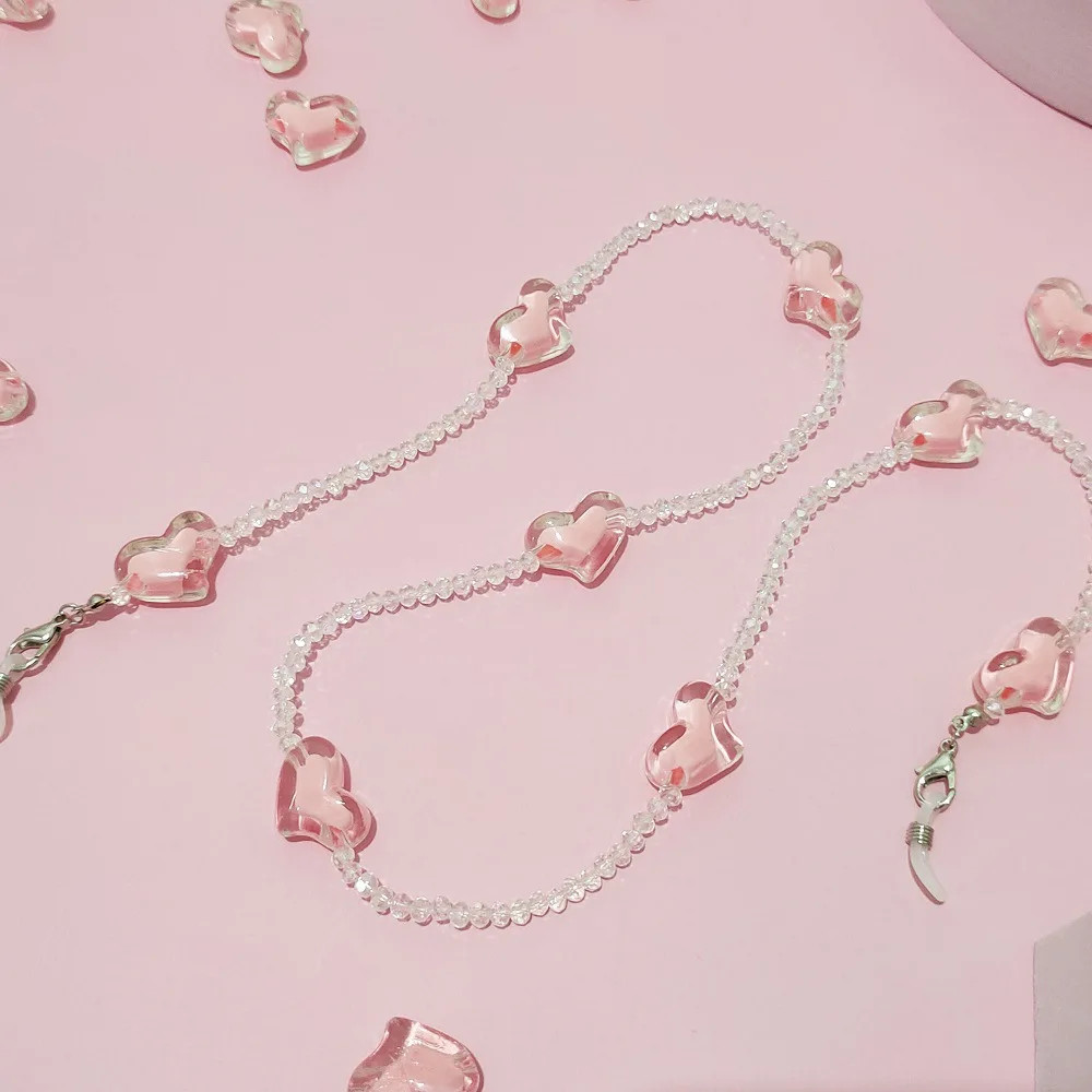 Fashion Love Heart Pink Crystal Sunglasses Chain Romantic Transparent Bead Chain