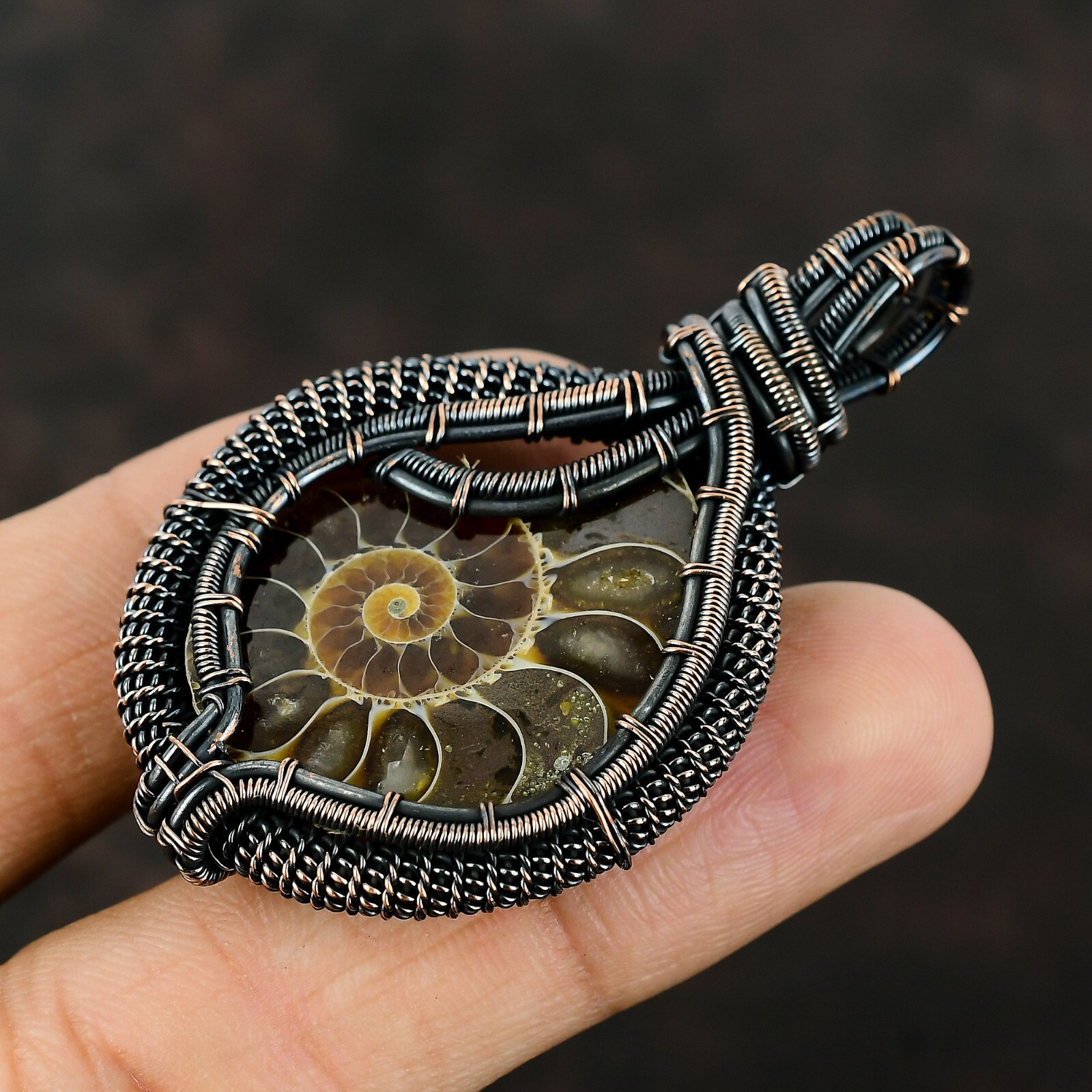 Ammonite Fossil Wire Wrapped Pendant Handcrafted Copper Gift Jewelry 2.56″
