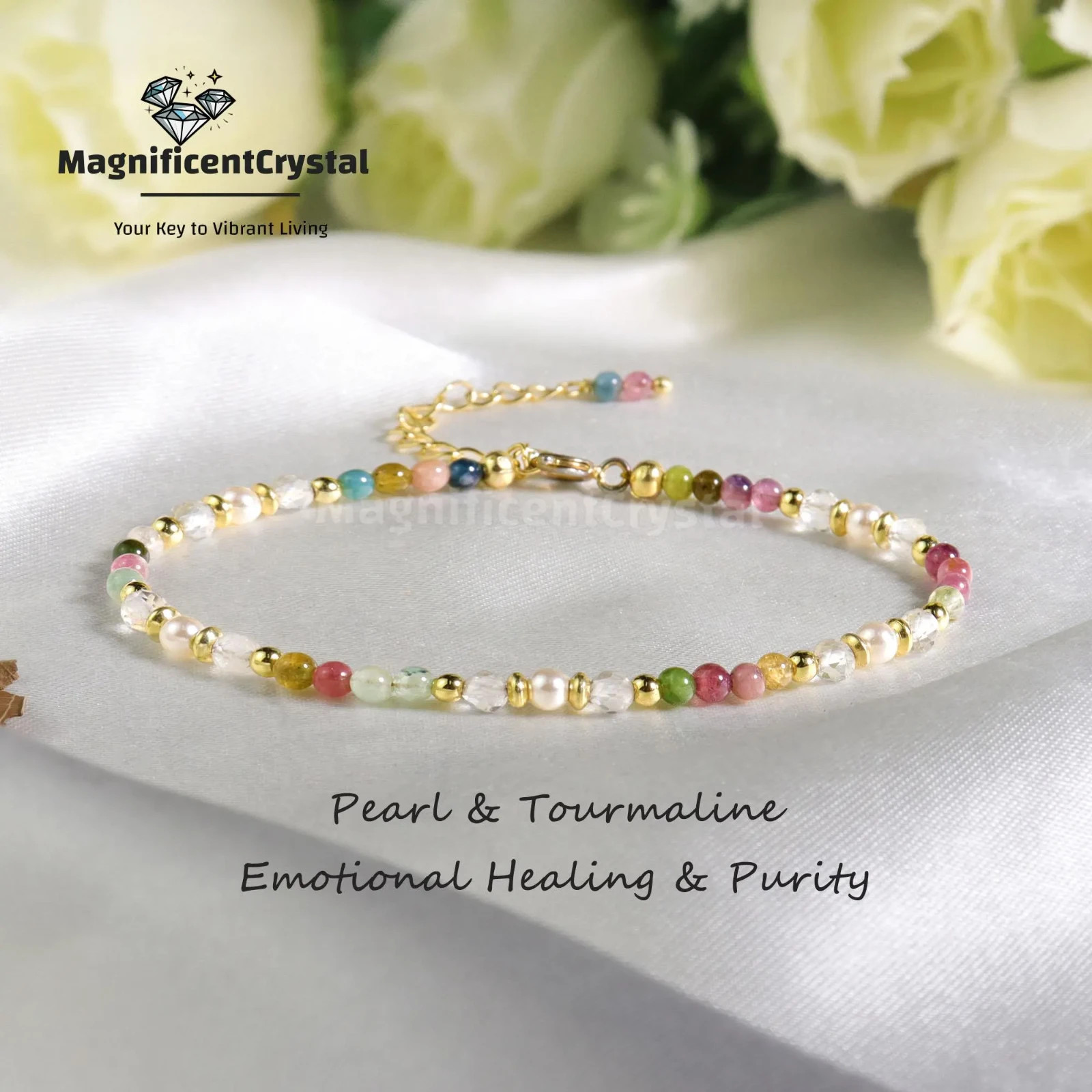 Rainbow Tourmaline Pearl Bracelet Minimalist Beaded Multi-Stone Crystal Boho Gif