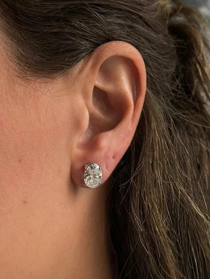 2-TCW Lab Created Oval Cut Solitaire Earring IGI Certified 14K White Gold Plated